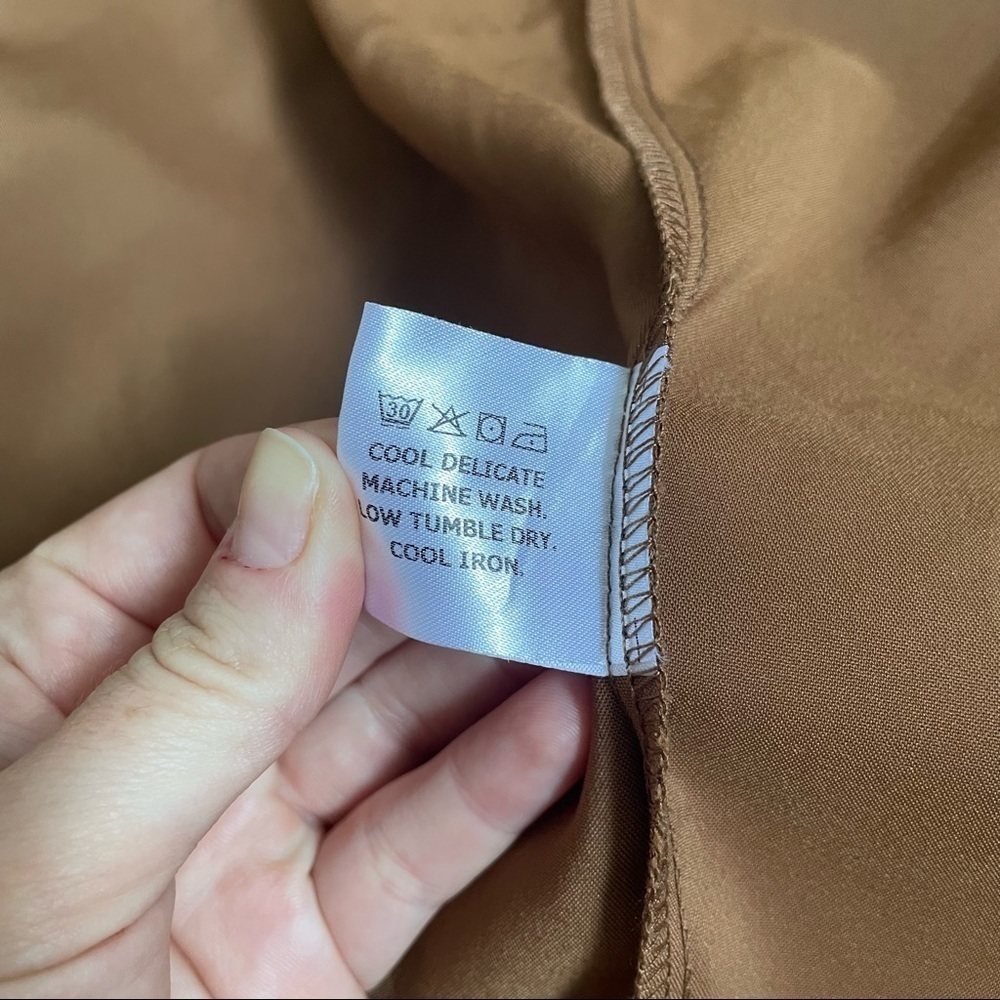 House of Lancry Yellow Brown Two Tone Crepe Satin Long Sleeve Wrap Dress EUC M - Picture 7 of 11